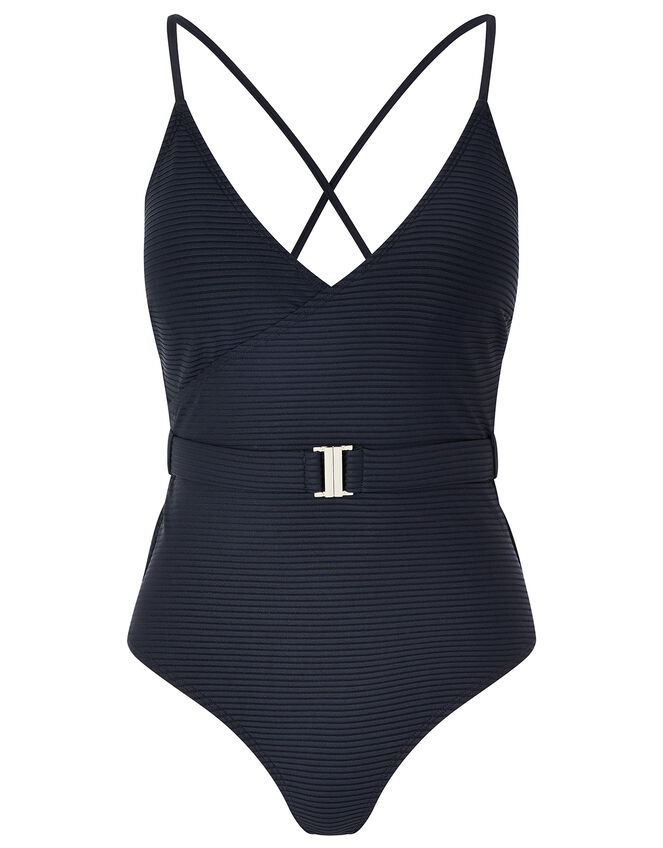 Cross-Back Belted Swimsuit, Black (BLACK), large