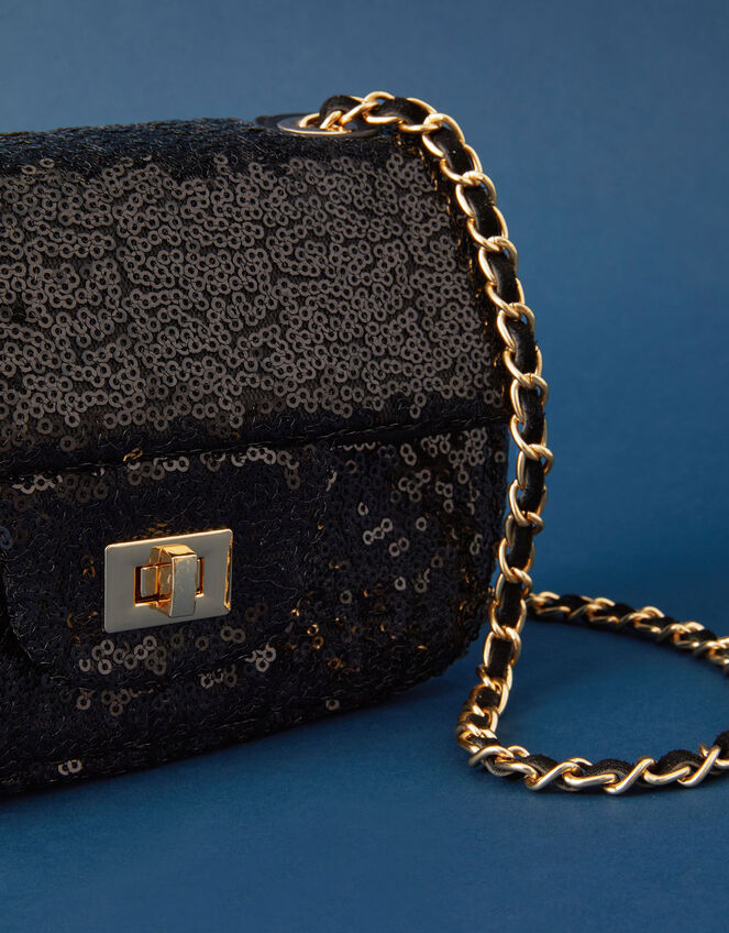 Mini Sequin Chain Cross-Body Bag, Black (BLACK), large