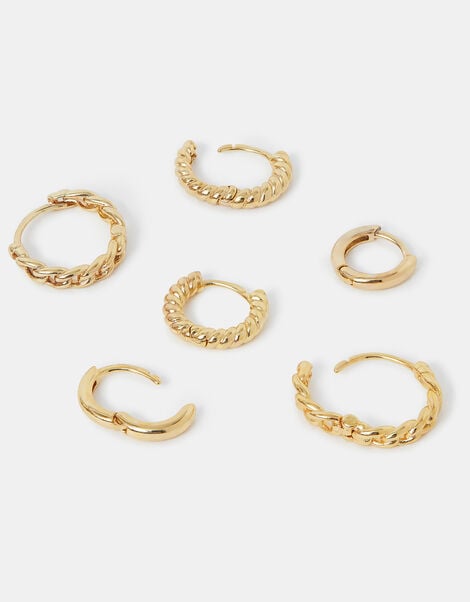 3-Pack 14ct Gold-Plated Twist Clicker Hoop Earrings, , large