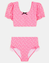 Girls Puff Sleeve Polka Dot Swim Set, Pink (PINK), large