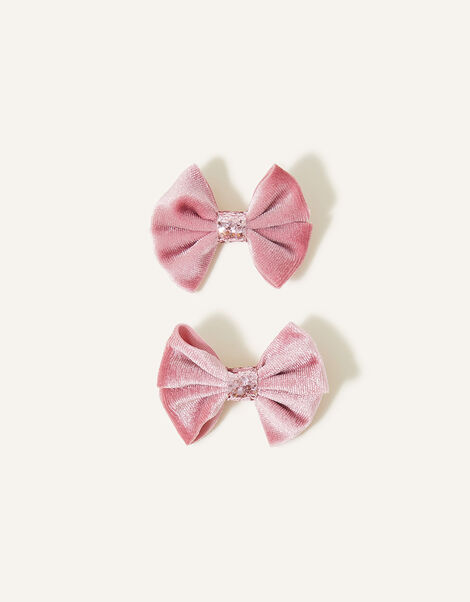 Girls Velvet Bow Clips Set of Two, Pink (PINK), large