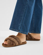 Fluffy Braid Crossover Slide Slippers, Brown (CHOCOLATE), large
