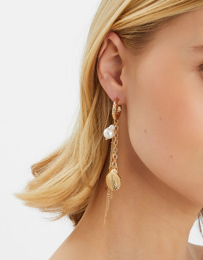 Ocean Charm Hoop Drop Earrings Gold, , large