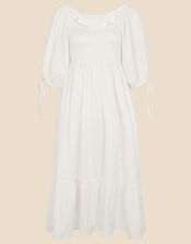 Puff Sleeve Textured Midi Dress, Ivory (IVORY), large