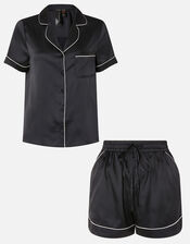 Satin Shirt and Shorts Pyjama Set, Black (BLACK), large