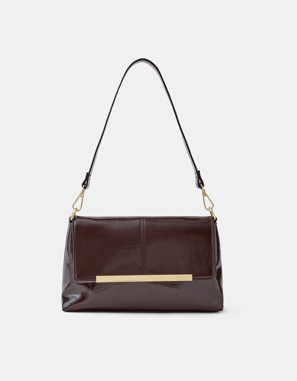 Fold Over Patent Faux Leather Shoulder Bag, , large