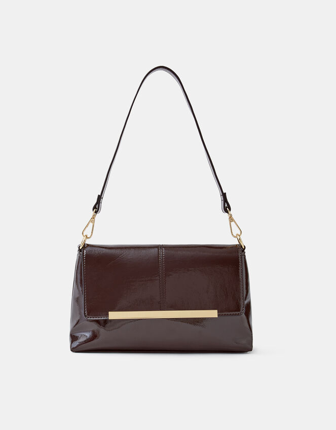 Fold Over Patent Faux Leather Shoulder Bag, , large