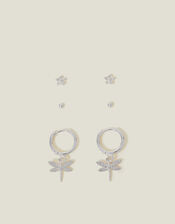 3-Pack Sterling Silver-Plated Dragonfly Stud and Hoop Earrings, , large