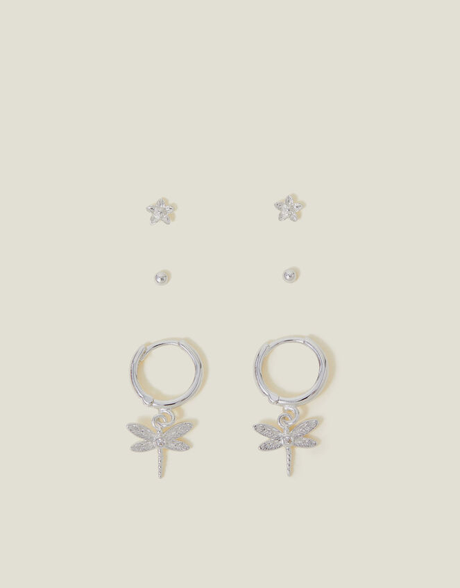 3-Pack Sterling Silver-Plated Dragonfly Stud and Hoop Earrings, , large