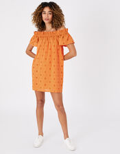 Schiffli Bardot Dress in Organic Cotton, Orange (ORANGE), large