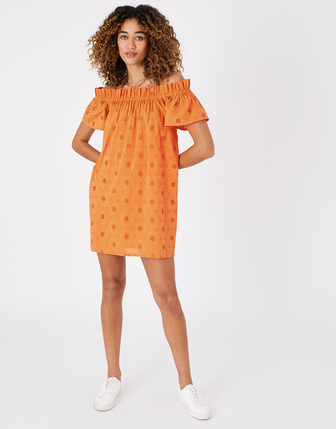 Schiffli Bardot Dress in Organic Cotton, Orange (ORANGE), large