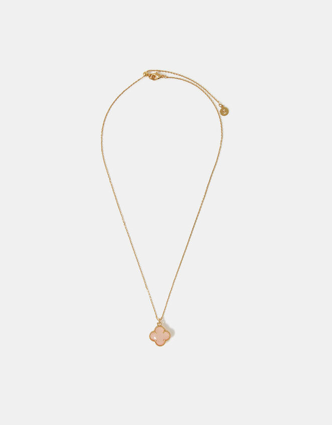 14ct Gold-Plated Rose Quartz Clover Pendant Necklace, , large