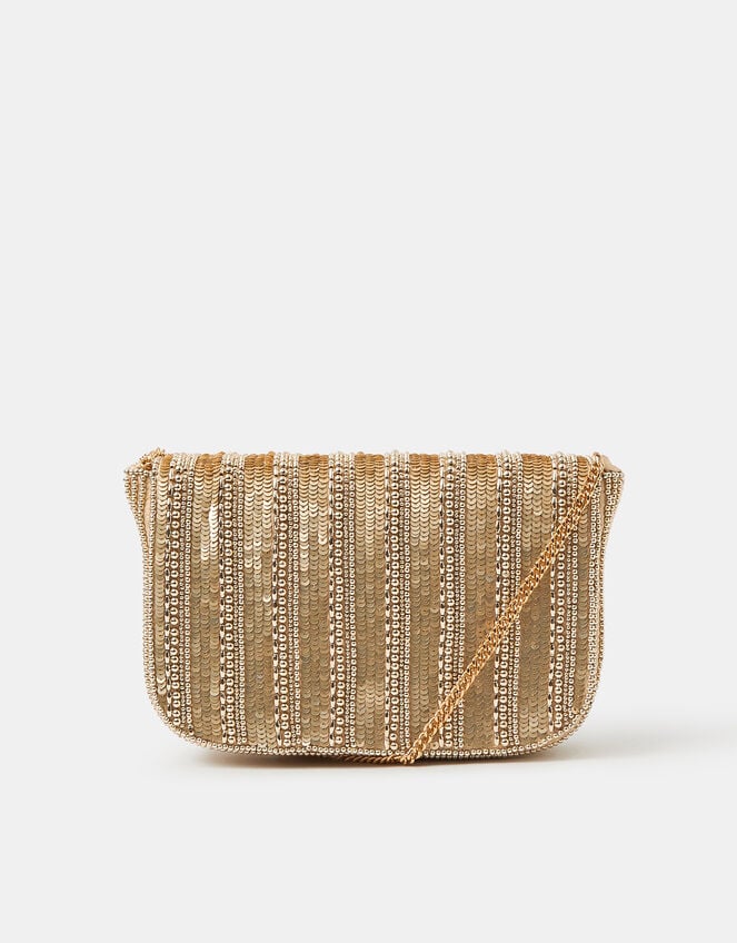 Beaded Fold-Over Clutch Bag, Gold (GOLD), large
