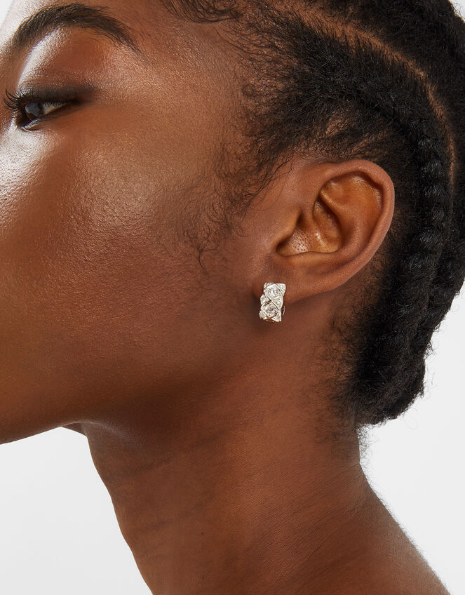 Sterling Silver-Plated Diamanté Check Hoop Earrings, , large