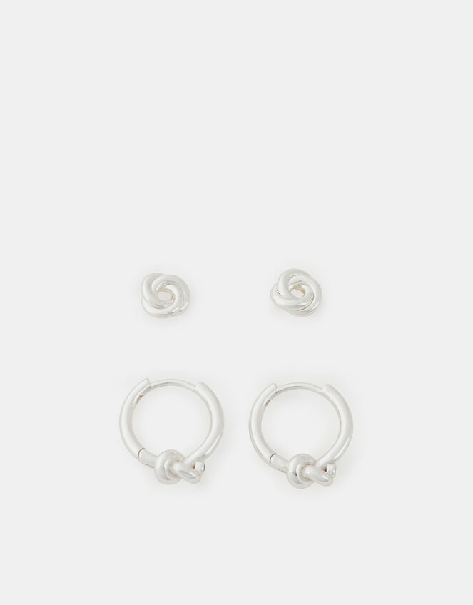 2-Pack Sterling Silver-Plated Knot Hoop Earrings, , large