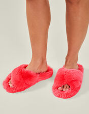 Faux Fur Crossover Sliders, Orange (CORAL), large