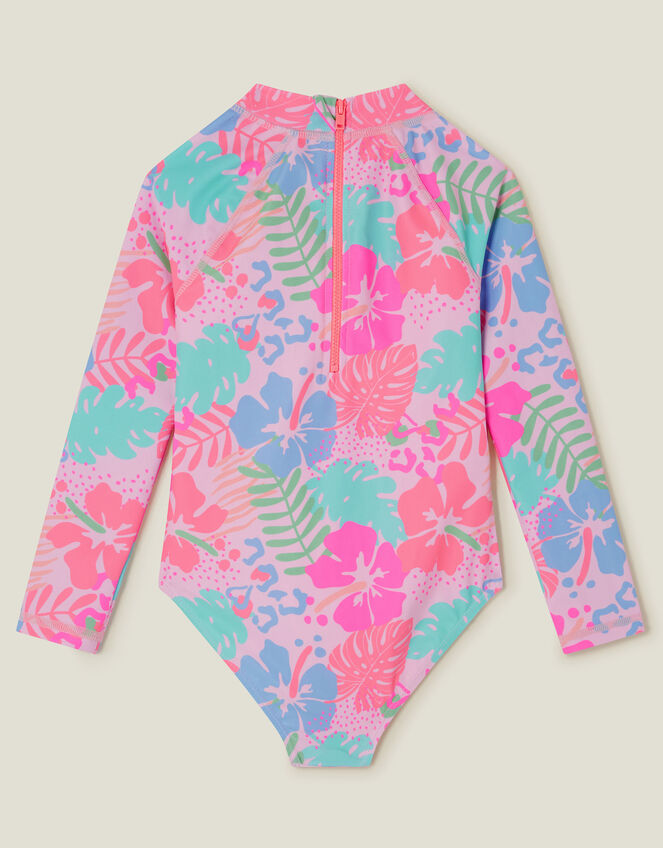 Girls UPF 50+ Tropical Long Sleeve Swimsuit, Orange (CORAL), large