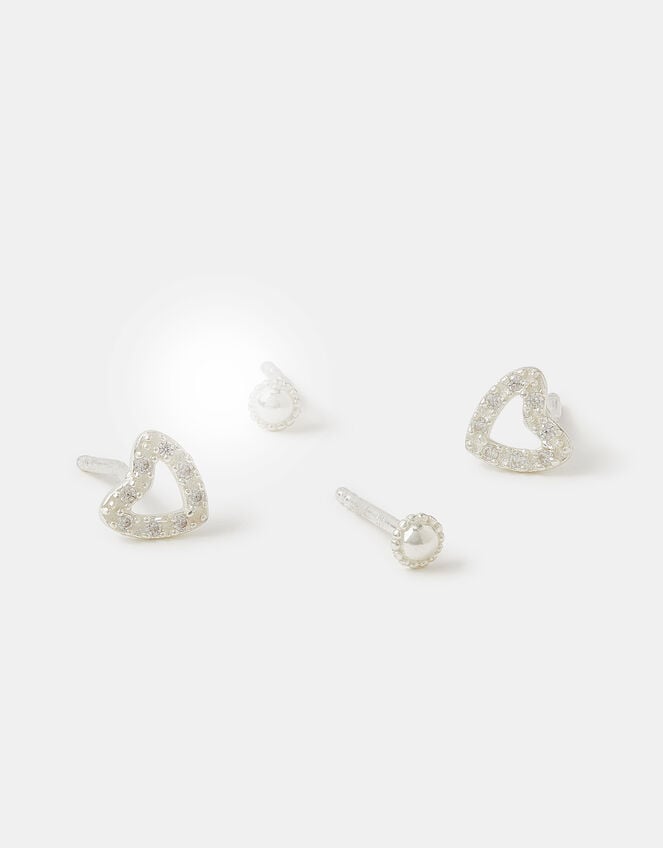 2-Pack Sterling Silver Heart Stud Earrings, , large