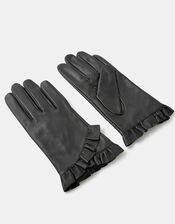 Frill Trim Leather Gloves, Black (BLACK), large
