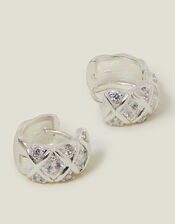 Sterling Silver-Plated Diamanté Check Hoop Earrings, , large