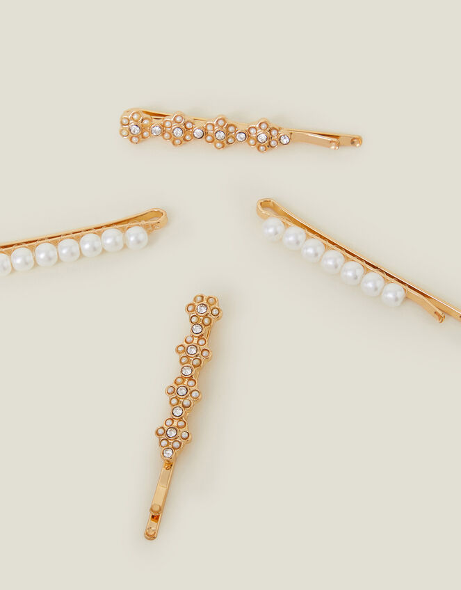 4-Pack Girls Pearl Diamante Flower Hair Clips, , large