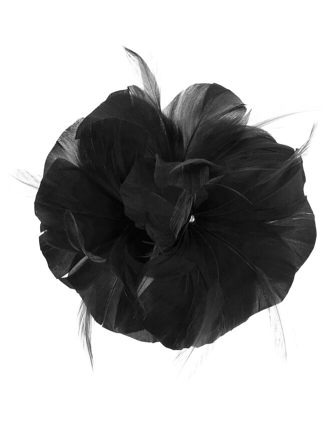 Light Feather Detail Flower Clip, Black (BLACK), large