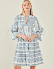 Print Jacquard Flute Sleeve Mini Dress with Sustainable Cotton, DENIM, large