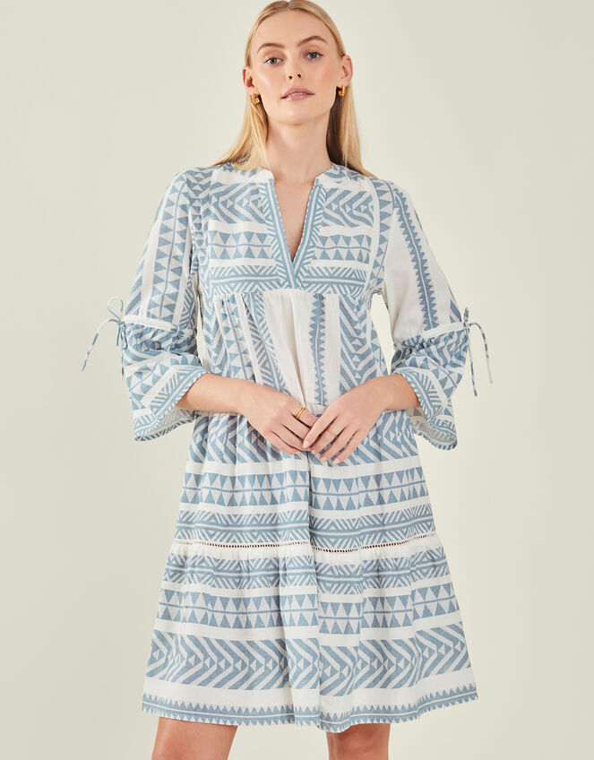 Print Jacquard Flute Sleeve Mini Dress with Sustainable Cotton, DENIM, large