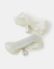 2-Pack Girls Mini Pearl Drop Ribbon Bow Hair Clips, , large
