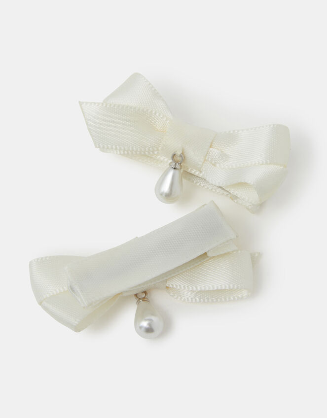 2-Pack Girls Mini Pearl Drop Ribbon Bow Hair Clips, , large
