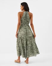 Printed Halter Neck Maxi Dress, Green (KHAKI), large