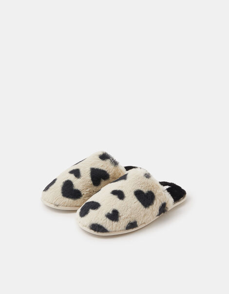 Heart Fluffy Mule Slippers, Black (BLACK WHITE), large