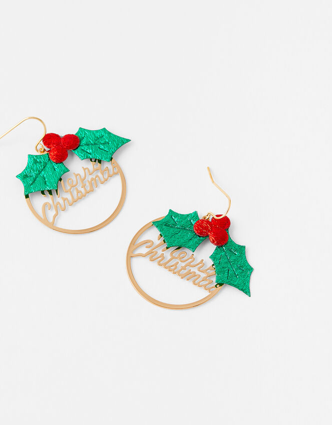 Merry Christmas Holly Hoop Earrings, , large