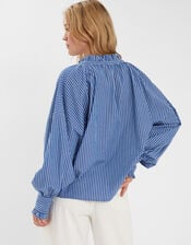 Stripe Frill Blouson Blouse, Blue (BLUE), large
