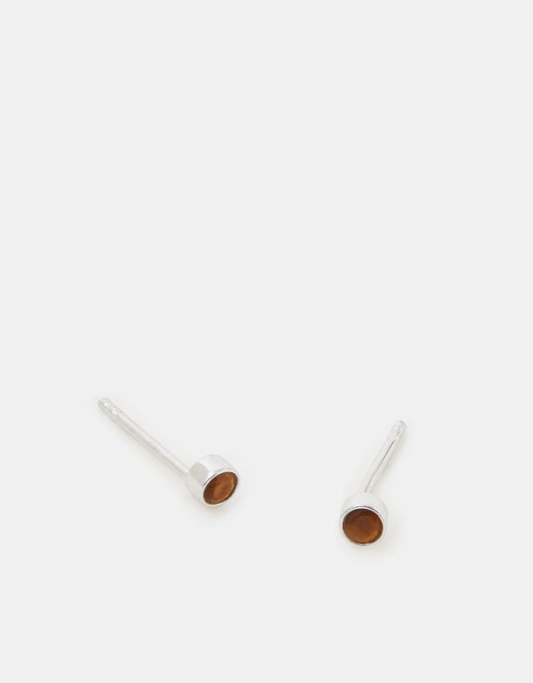 Sterling Silver Healing Stone Stud Earrings, Brown (BROWN), large