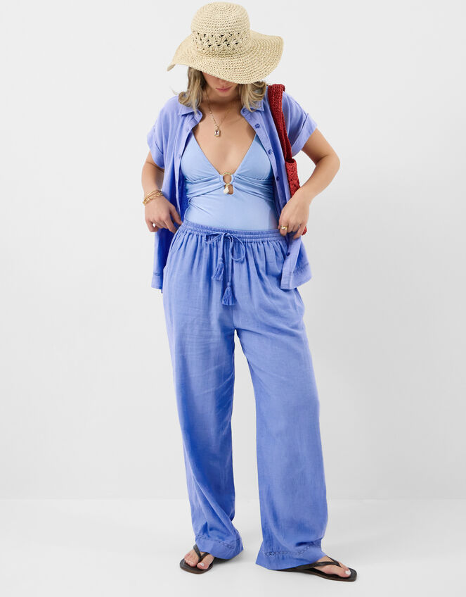 Lace Trim Wide Leg Beach Trousers, Blue (LIGHT BLUE), large