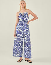 Sleeveless Ornamental Print Jumpsuit, Blue (BLUE), large