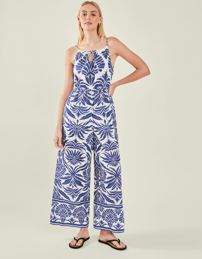 Sleeveless Ornamental Print Jumpsuit, Blue (BLUE), large