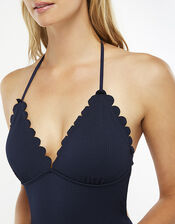 Scalloped Neck Textured Swimsuit, Blue (NAVY), large