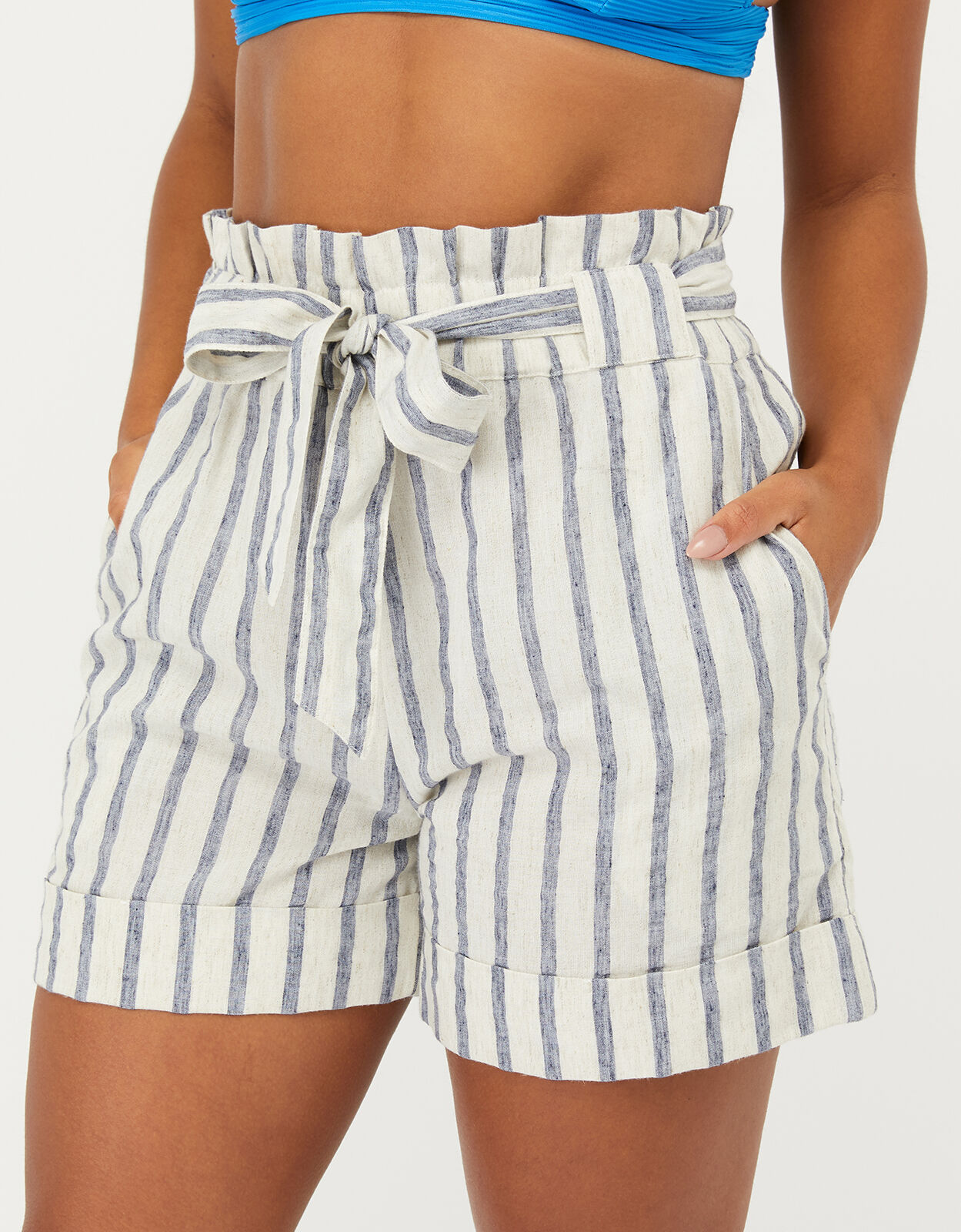 Blue striped paper bag shorts discount