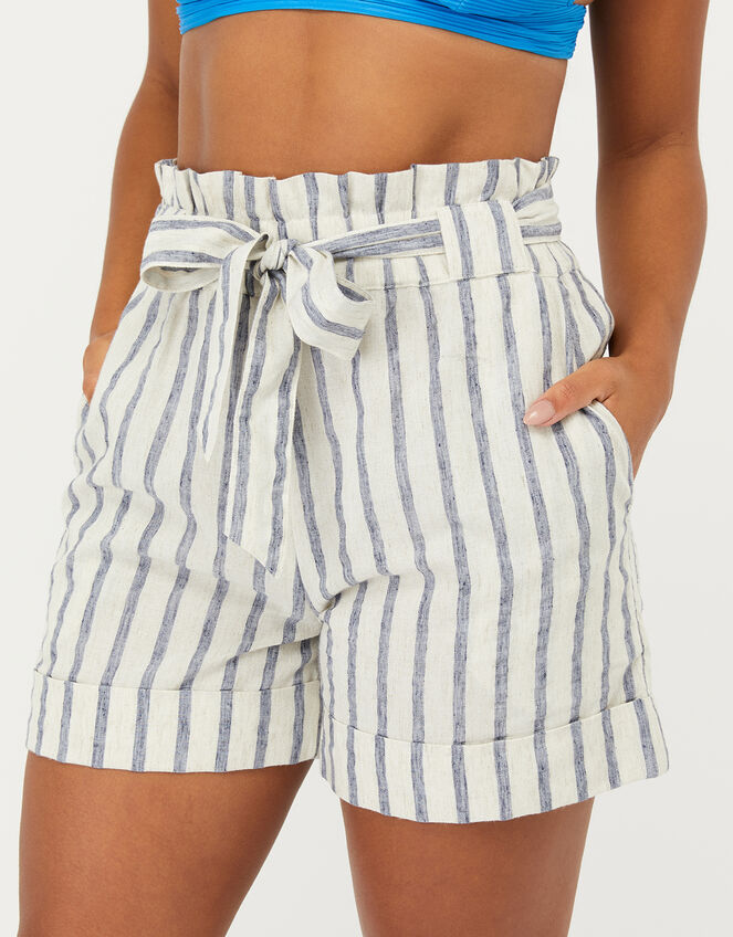 Paper-Bag Striped Shorts in Linen-Mix Fabric, Blue (BLUE), large