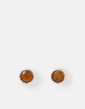 Sterling Silver Healing Stone Stud Earrings, Brown (BROWN), large