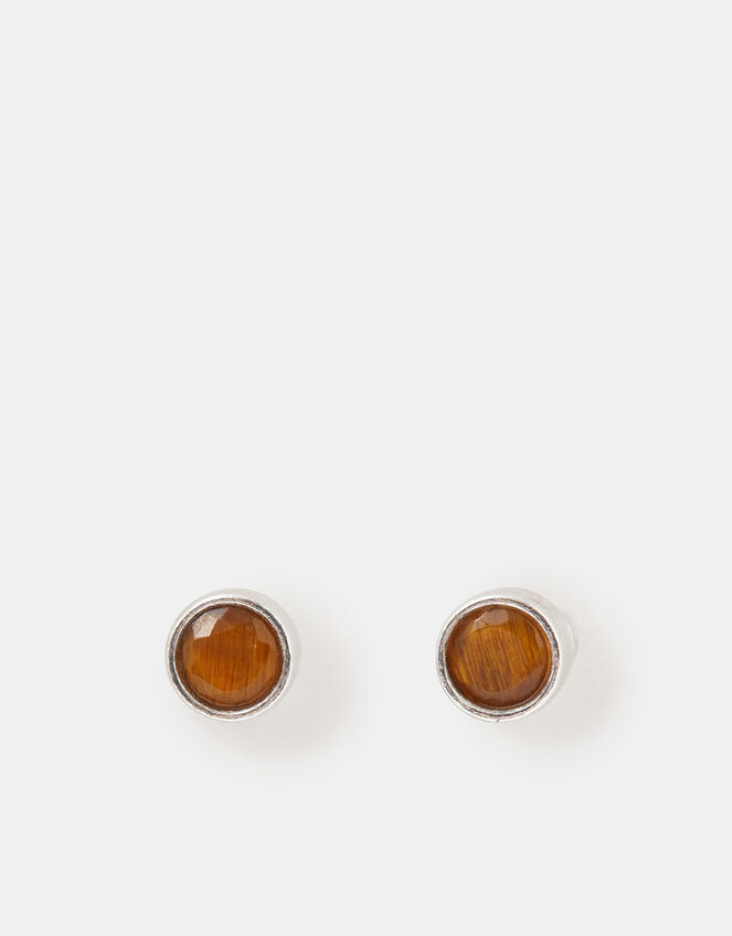 Sterling Silver Healing Stone Stud Earrings, Brown (BROWN), large
