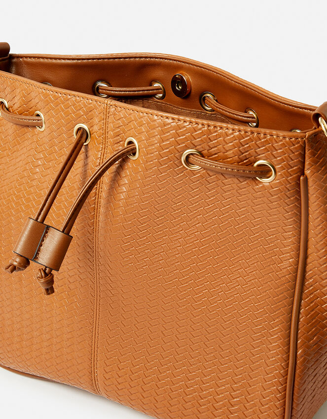 Drawstring Weave Shoulder Bag, Tan (TAN), large