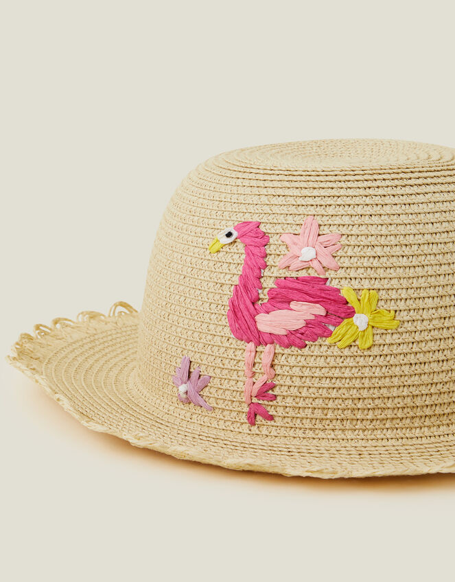 Girls Flamingo Floppy Hat, Natural (NATURAL), large