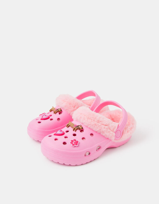 Girls Dog Charm Faux Fur Lined Clogs, Pink (PINK), large