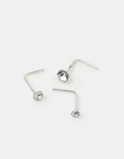 3-Pack Sterling Silver Diamanté Nose Studs, , large