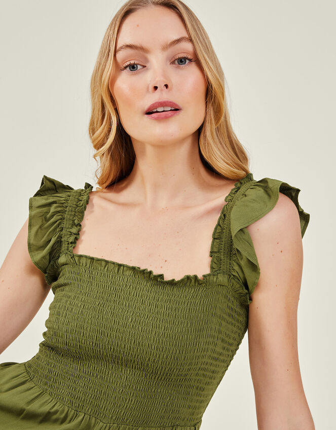 Frill Shoulder Jumpsuit, Green (KHAKI), large