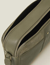 Double Zip Leather Cross-Body Bag, Green (KHAKI), large