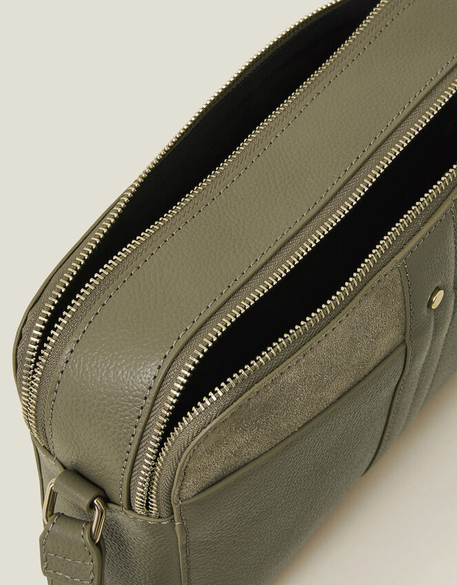 Double Zip Leather Cross-Body Bag, Green (KHAKI), large